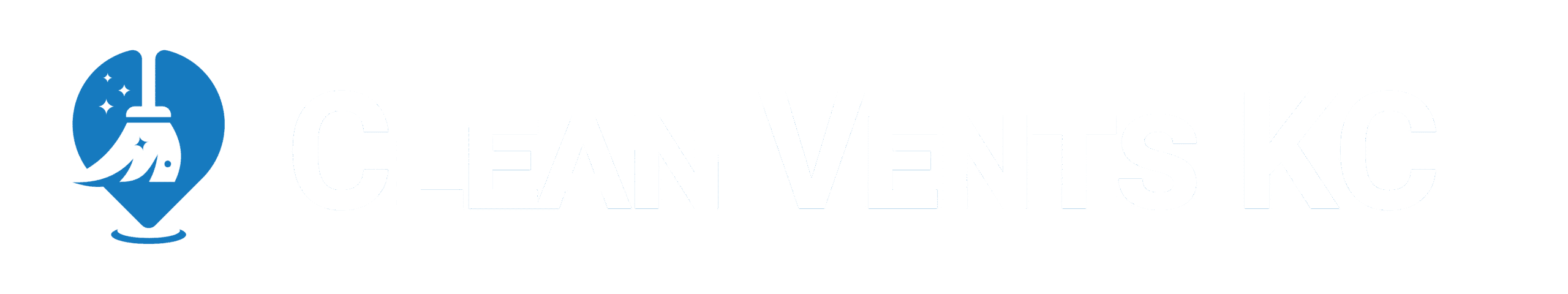 Clean Vents KC logo with white text and blue broom-in-pin icon